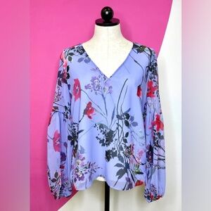 Yumi Kim- Teal‎ blue with pink flowers long sleeve v neck blouse Size L